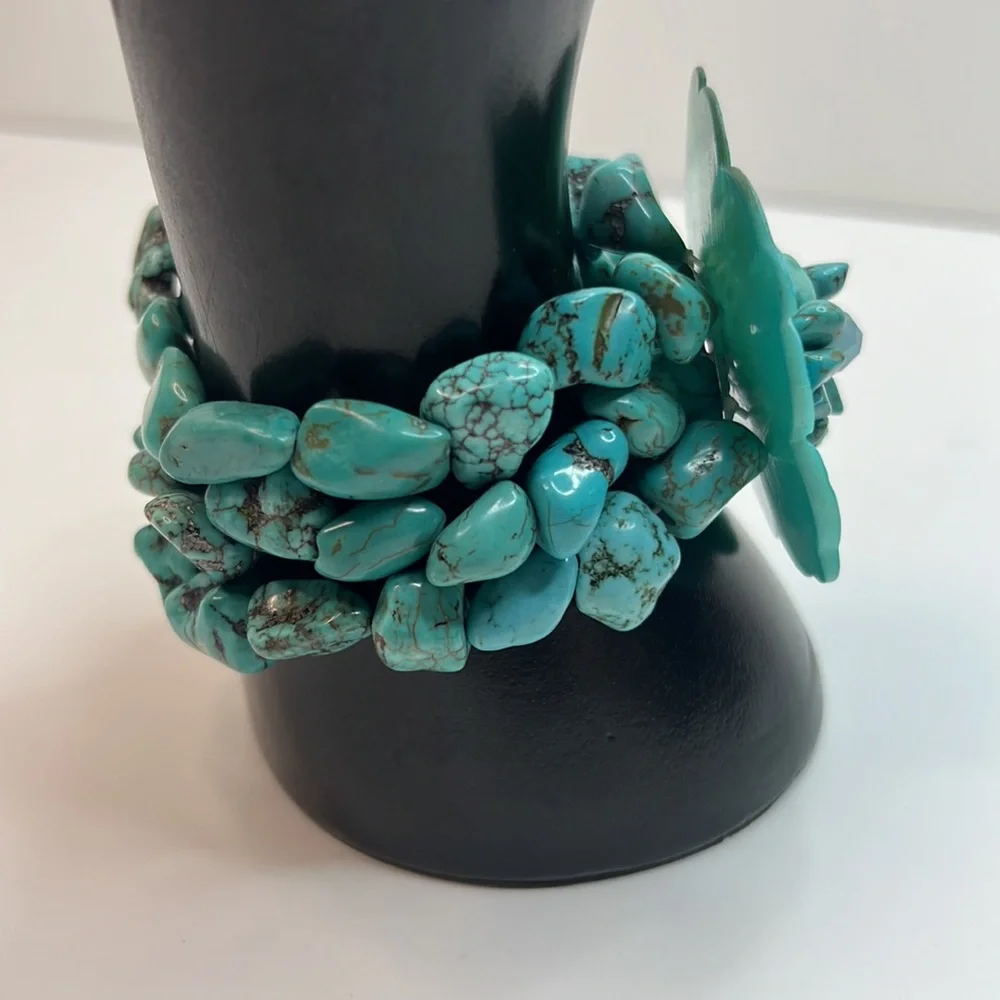 Hand Beaded Turquoise 3-Strand Floral Bracelet